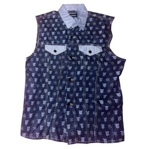 Tenaciti All Over Motiff Sleeveless Blue Denim Shirt‎ Medium Urban Streetwear